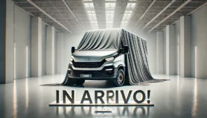 DALL·E 2024-10-28 17.33.28 - A new Iveco Daily van, seen from the opposite side, partially covered by a large, sleek fabric cloth in a bright indoor showroom